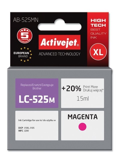 Activejet AB-525MN Tusz (zamiennik Brother LC525M; Supreme; 15 ml; czerwony). Drukuje więcej o 20%.względem OEM.