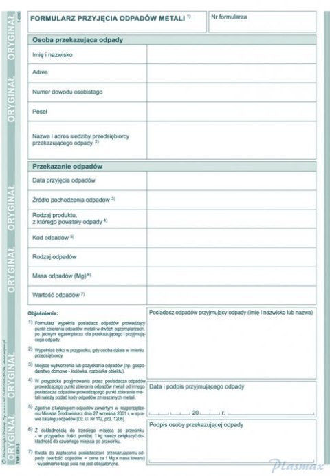 Formularz przyjęcia odpadów metali E03-3 A5 80 stron, MICHALCZYK&PROKOP