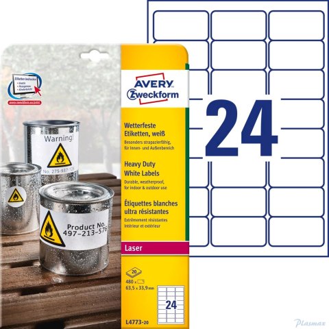 Etykiety Heavy Duty L4773-20 63,5 x 33,9 20 ark. trwałe, białe, poliestrowe, Avery Zweckform