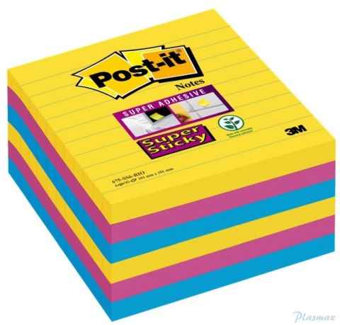 Bloczek samoprzylepny POST-IT Super Sticky w linie (675-SS6RIO-EU), 101x101mm, 6x90 kart., paleta Rio de Janeiro