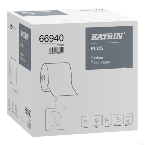 Papier toaletowy systemowy w rolce 800 listków 2-warstwowy PLUS KATRIN 66940, opakowanie: 36 rolka