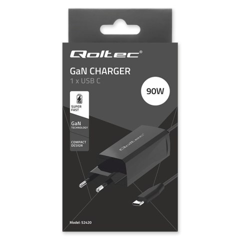 QOLTEC ŁADOWARKA SIECIOWA 90W GAN | 5-20V | 3-4.5A | USB-C 3.1