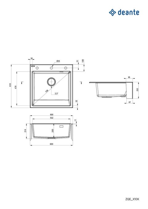 Zlewozmywak granitowy 1-komorowy ZQE A10K 5907650811374