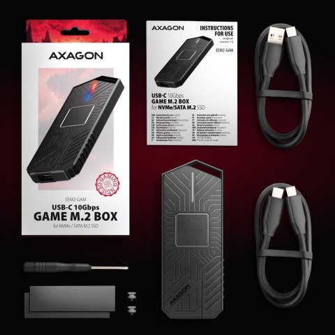 Obudowa SSD M.2 AXAGON EEM2-GAM, USB-C 10Gbps - NVMe & SATA SSD GAME M.2 box, bez skrótów