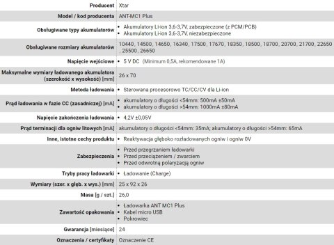 XTAR SZYBKA ŁADOWARKA DO AKUMULATORÓW CYLINDRYCZNYCH LI-ION ANT MC1+