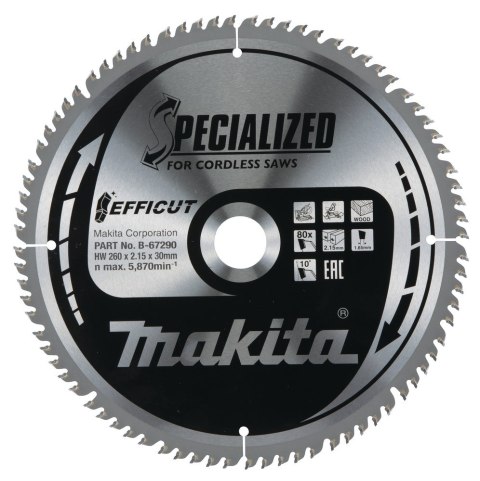 T.C.T. tarcza Makita B-67240 260X2.15X30mm 10° T80 EFFICUT