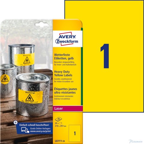 Etykiety Heavy Duty L6111-20 210x297 20ark żółte Trwałe, poliestrowe Avery Zweckform (X)