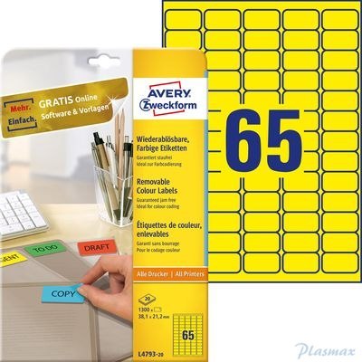 Etykiety usuwalne kolorowe, A4, 20 ark./op., 38,1 x 21,2 mm, żółte, AVERY ZWECKFORM, L4793-20