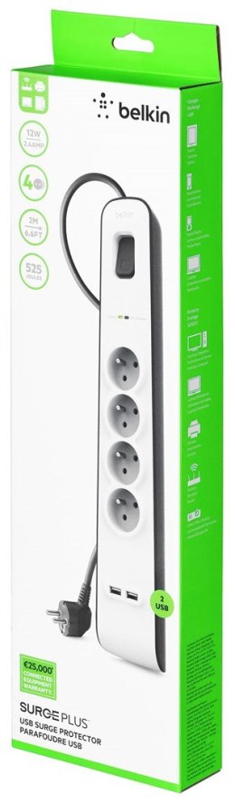 Listwa zasilająca Belkin Power Surge 4-PORT + 2xUSB-A 2.4A 525J 2m Grey/White