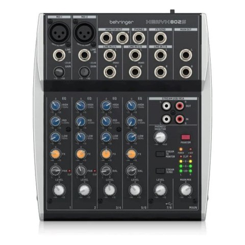 Behringer 802S - 8-kanałowy kompaktowy mikser analogowy z interfejsem USB zaprojektowany specjalnie do obsługi podcastów, stream