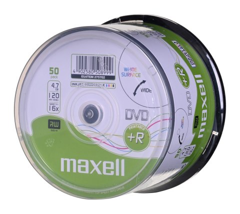 MAXELL Płyta DVD+R 4,7GB, 50 szt. w opakowaniu cake (szpindel). Prędkość zapisu 16X, 120 min. Płyty do nadruku atramentowego. Pr